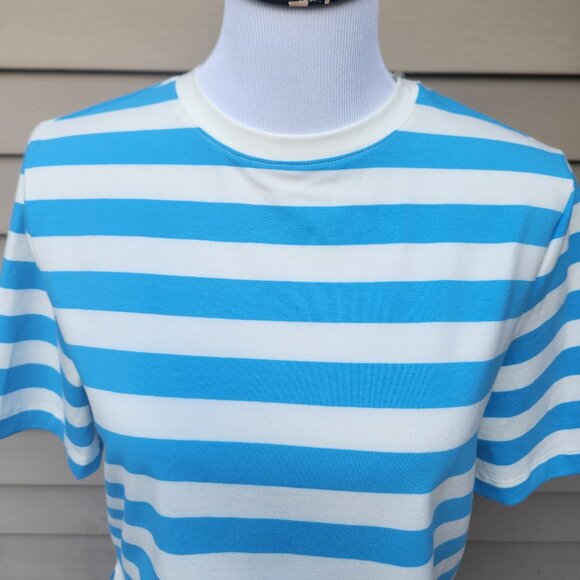 a new day Striped Cropped Crewneck T-Shirt Light Blue White NWT Boxy - Picture 5 of 13